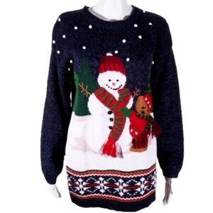 Carly St. Claire Snowman & Reindeer Ugly Christmas Sweater S Ramie/Cotton Blue/W